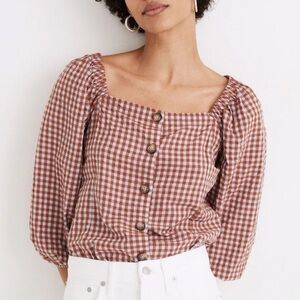 Madewell | Gingham Seersucker Puff-Sleeve Button-Front Top Size 8